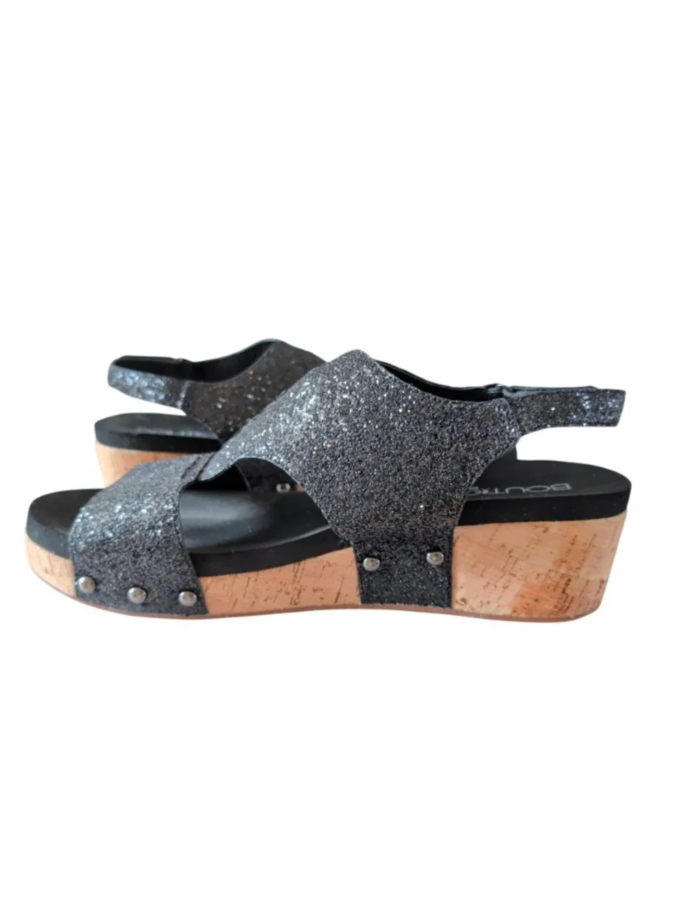Boutique by Corkys Refreshing Sandals Womens 11 Black Glitter Cork Wedge Studded